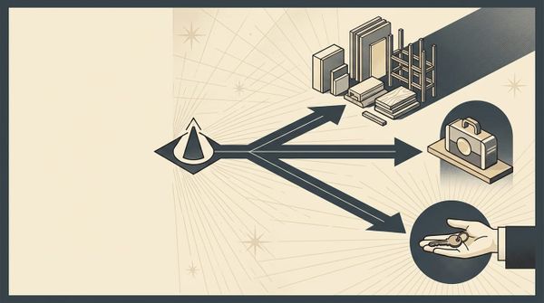 Three diverging pathways representing build, buy, and borrow decisions in a blueprint style