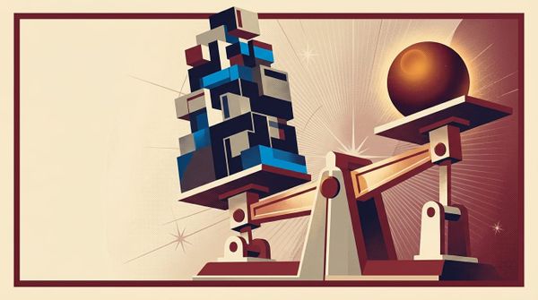 Abstract retro-futuristic scale tilting under structural pressure, navy and amber tones