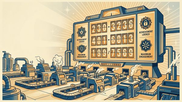 Retro-futuristic factory scoreboard with meaningless achievement badges and machines producing nothing