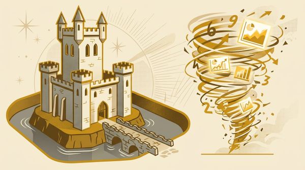 Stone castle on a calm moat beside a scattering windstorm of numbers and charts, contrasting durability against momentum