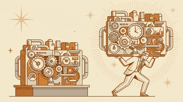 Retro-futurist illustration of a person holding up a massive machine versus an autonomous machine running on its own