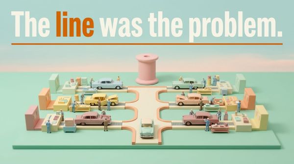 Wes Anderson style pastel diorama of three parallel miniature assembly stations converging at a central merge point with a tiny completed car