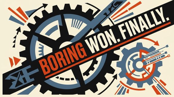 Constructivist poster with industrial gears meshing, bold typography with orange pivot word