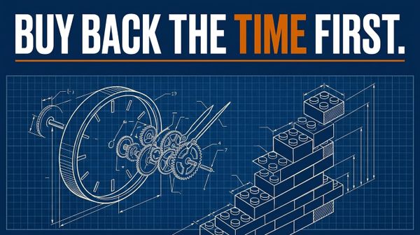 Blueprint-style schematic of a wall clock's gears being reassembled into a rising stack of building blocks, under the headline Buy Back the Time First.