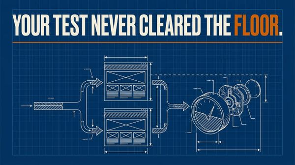 Blueprint cyanotype schematic of an A/B split test, two identical page wireframes feeding one measurement gauge, headline reading Your Test Never Cleared The Floor