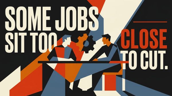 Constructivist poster of two stylized figures at a desk with a gear between them, headline SOME JOBS SIT TOO CLOSE TO CUT