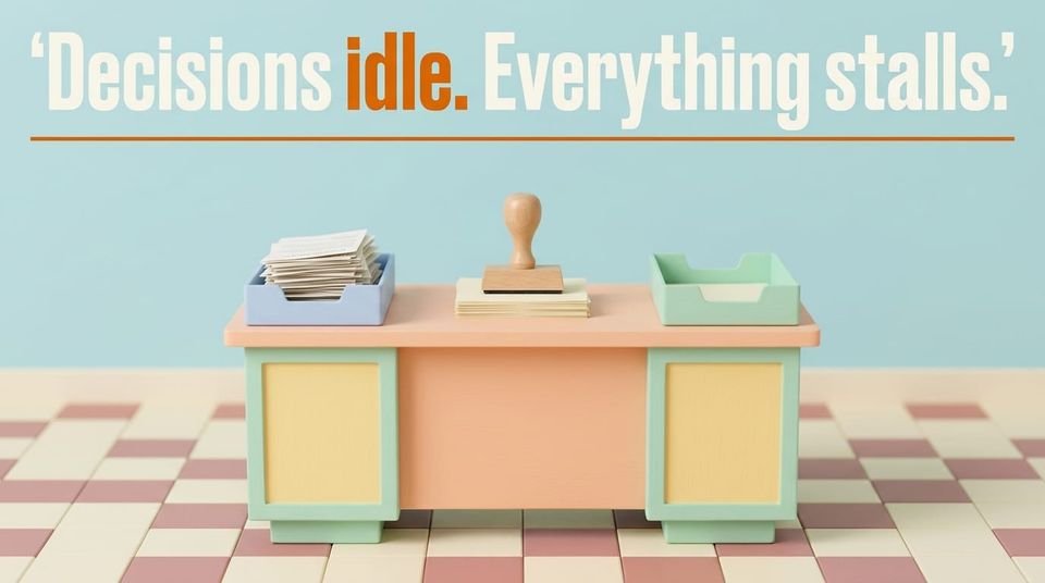 Wes Anderson pastel diorama of a miniature office desk with an untouched rubber stamp on papers, overflowing powder-blue inbox tray and empty mint-green outbox tray