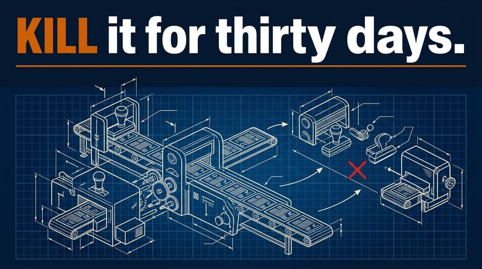 Blueprint schematic of a bureaucratic approval machine with disconnected sections