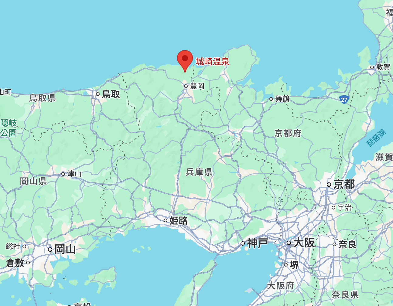 城崎溫泉的地理位置,位於兵庫縣、鄰近豐岡市