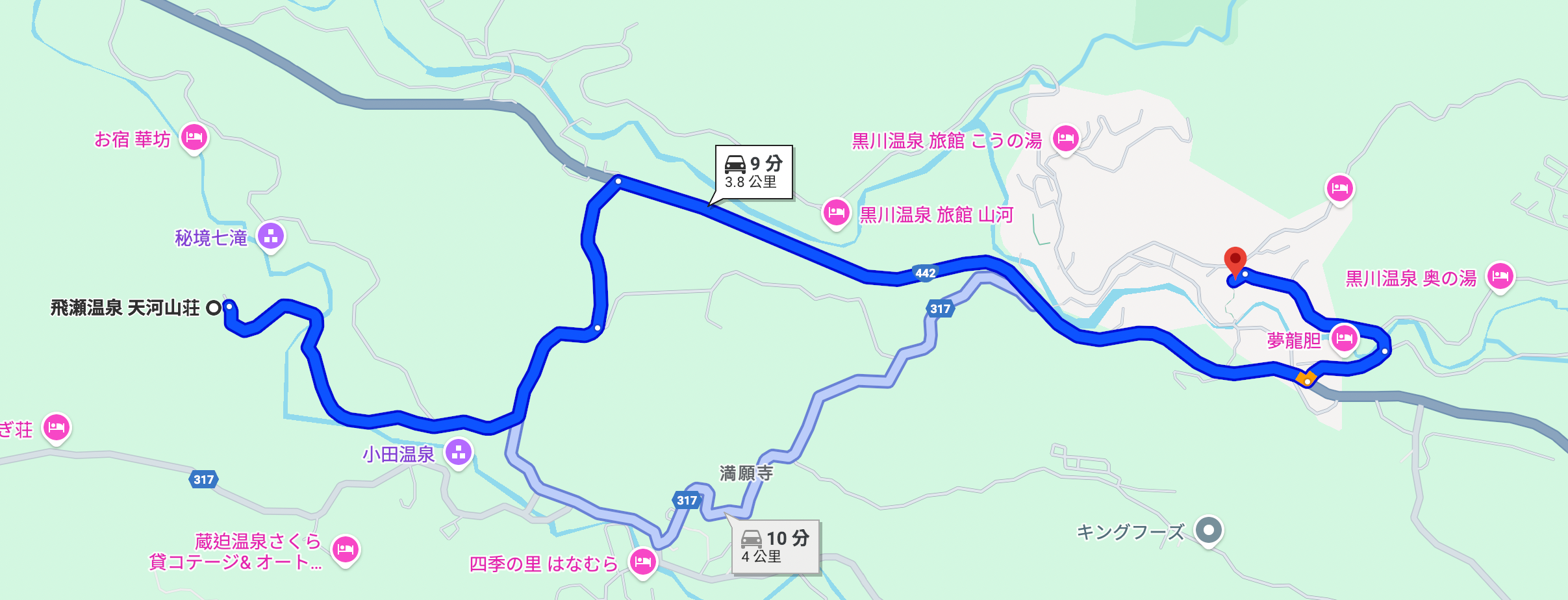 天河山莊與黑川溫泉的地圖
