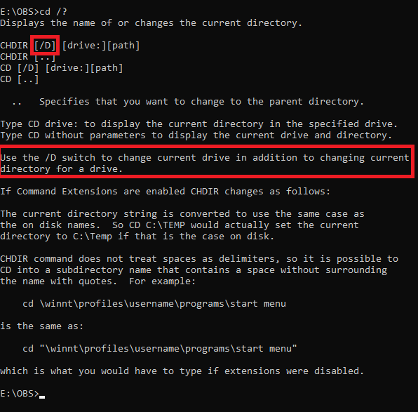 Screenshot showing help options displayed by the "cd" command.