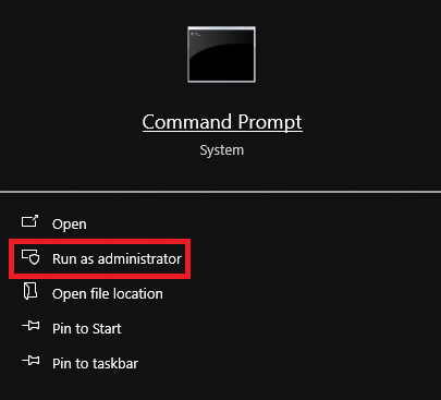 Screenshot showing how to search for Command Prompt (cmd) in the Start Menu and run it as administrator