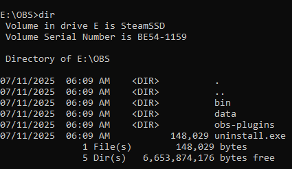 Screenshow showing an example of running the "dir" command in Command Prompt