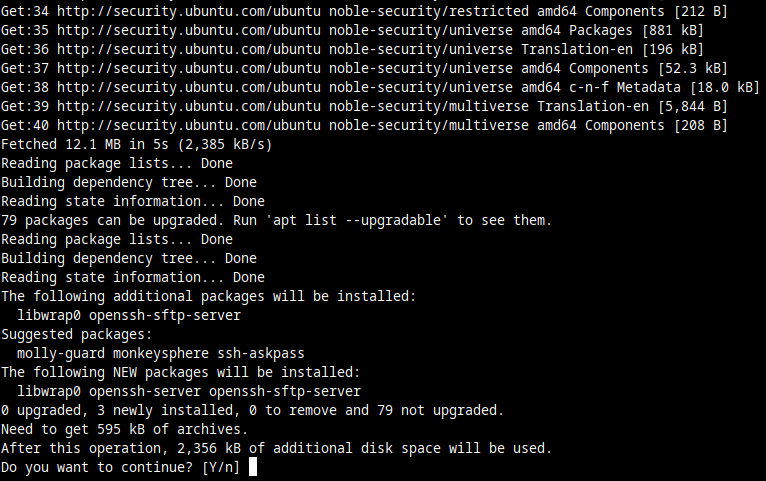 Screenshot showing what happens after running "sudo apt update" and "sudo apt install openssh-server".