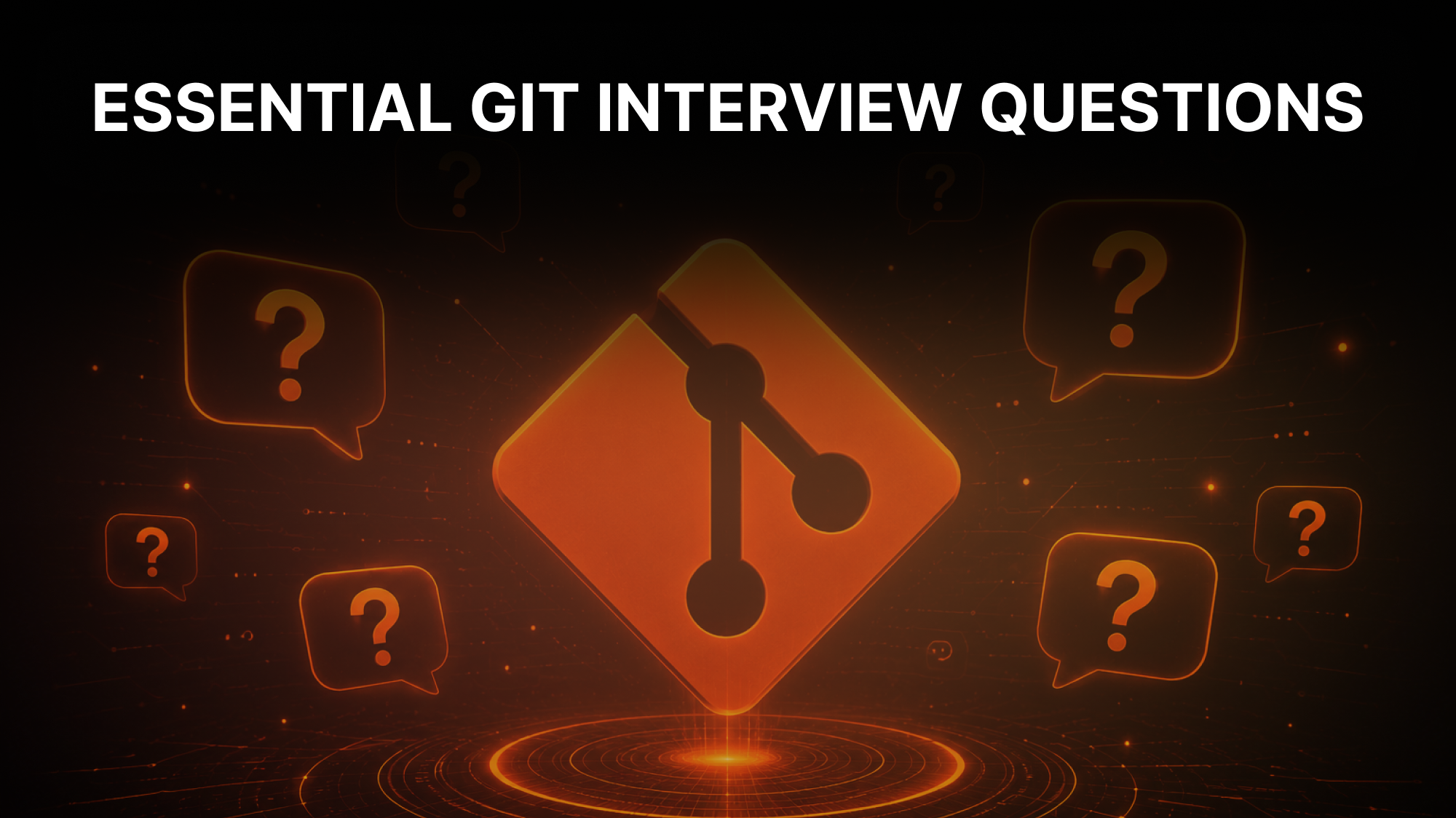 Git interview questions cover showing an orange branching commit graph and the Git logo