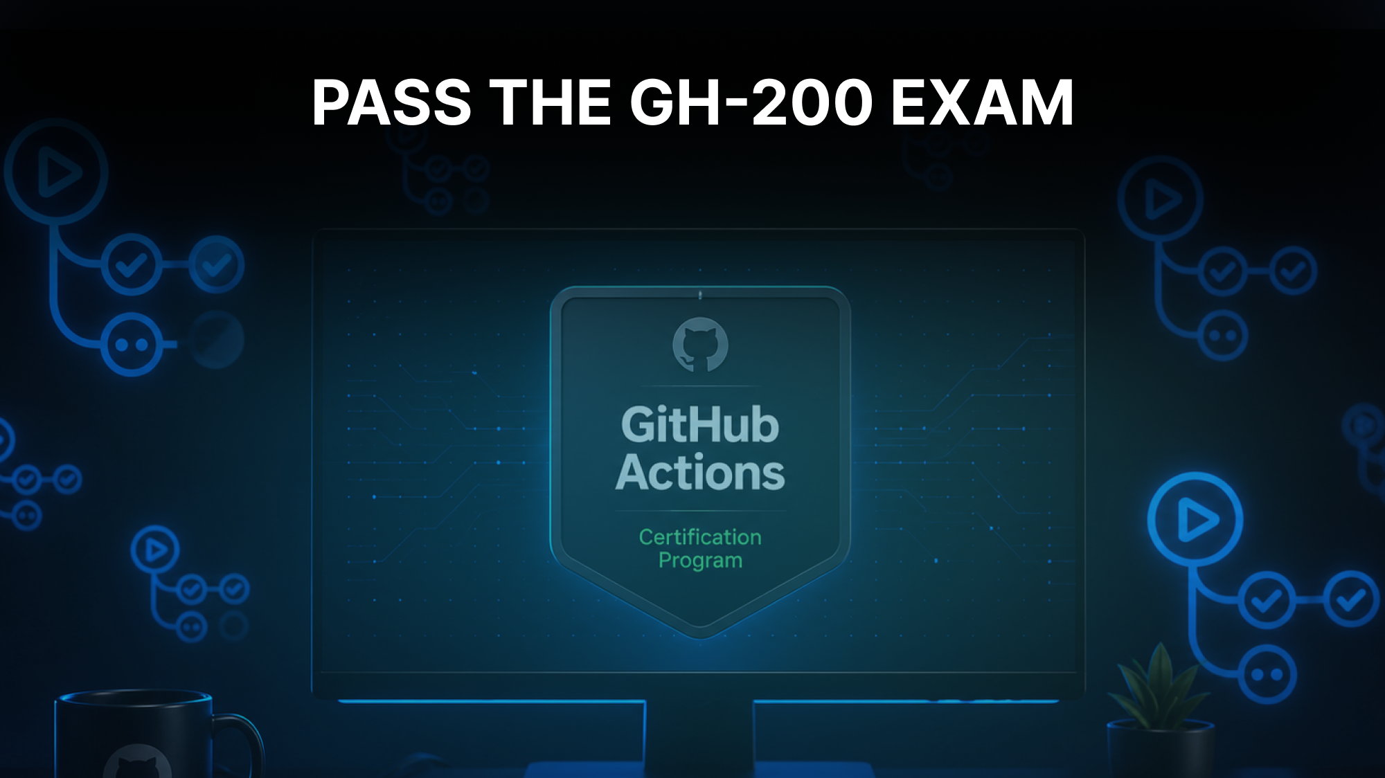 GitHub Actions certification cover showing a monitor with the GitHub Actions certification badge amid CI/CD workflow nodes