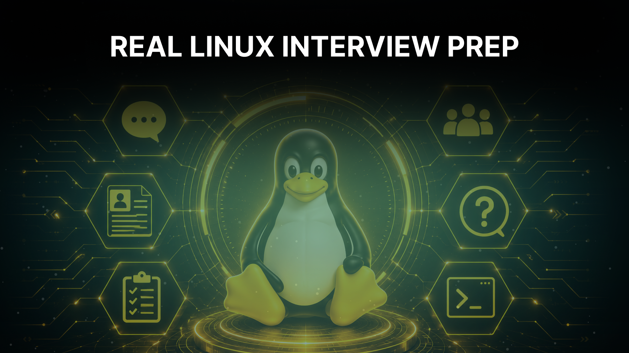 Linux interview questions guide cover with a terminal prompt and the Tux penguin