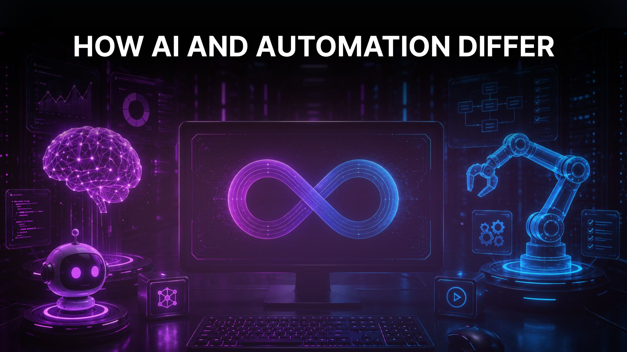 Neon illustration of an AI brain, a DevOps infinity loop, and a robotic arm, with the title How AI and Automation Differ