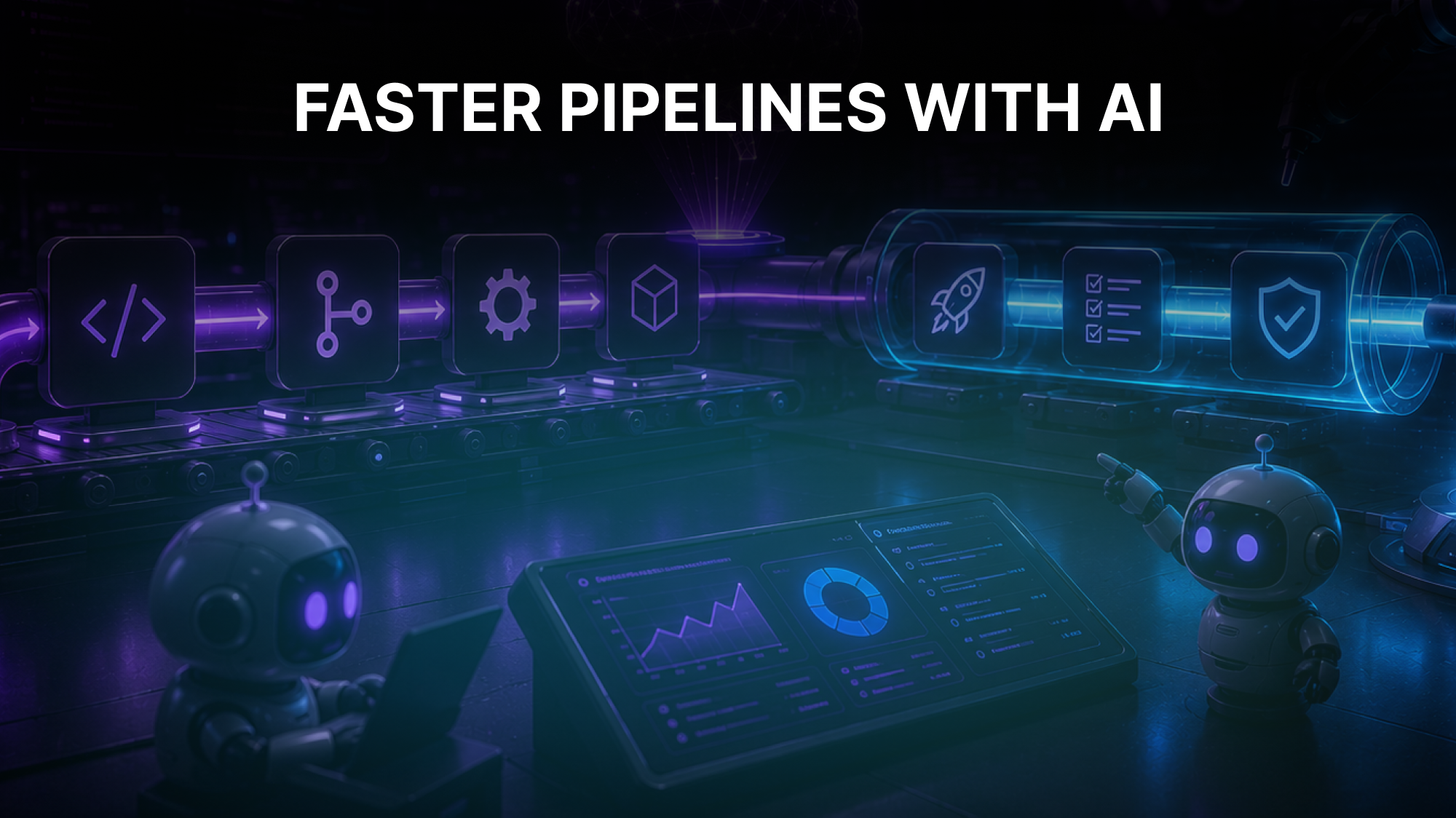 Neon illustration of a CI/CD pipeline with AI assistants beside a build and test dashboard, titled Faster Pipelines with AI