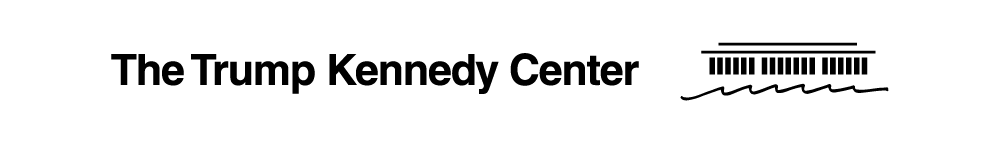 The logo for the The new logo for The Donald J Trump and The John F Kennedy Memorial Center for the Performing Arts which includes The Trump Kennedy Centre is a sanserif font to the left of a stylised representation of the performing arts centre building with waves on the Potomac River in front of it.