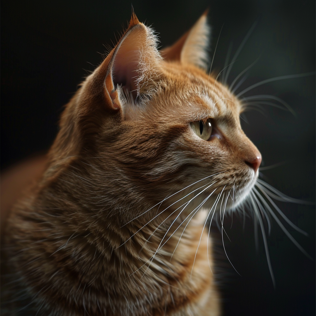 A realistic image that looks like a photo of a the head of a ginger tabby cat in profile against a blurred dark background.