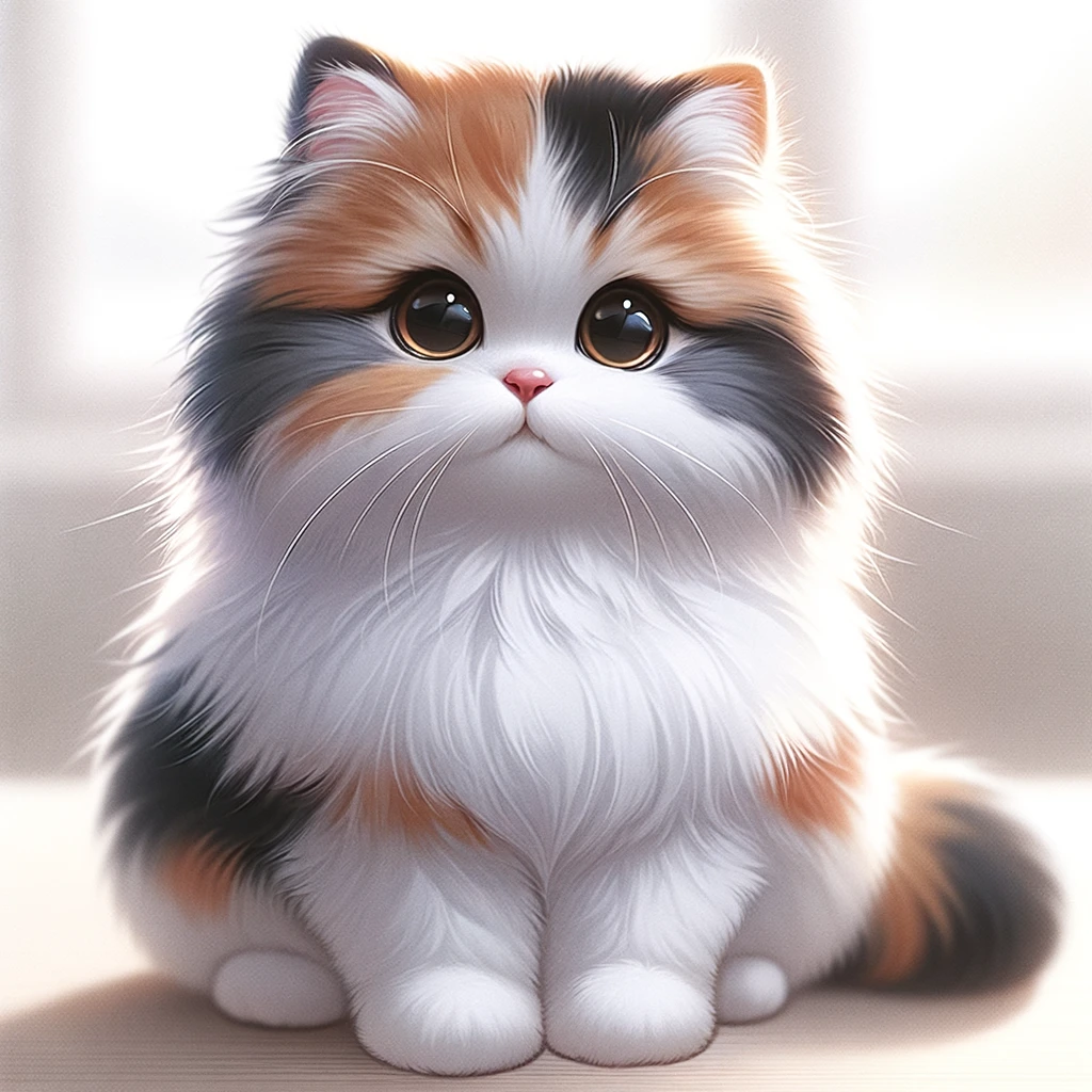 A cartoon-style orange, grey and white ragdoll kitten with fluffy long fur sitting on its haunches against a blurred cream coloured background.