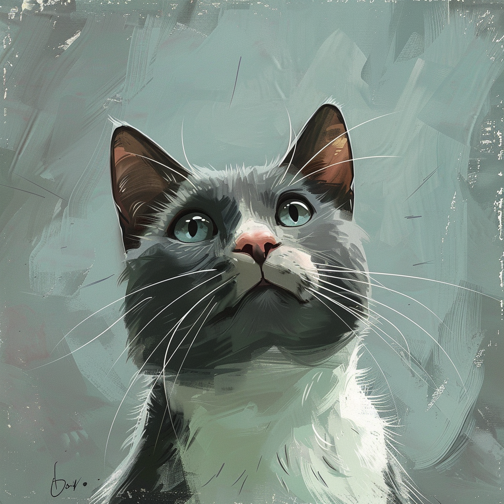 An image that looks like a painting of the head of a grey and white shorthair cat front on and looking slightly up against a bluey-grey background.
