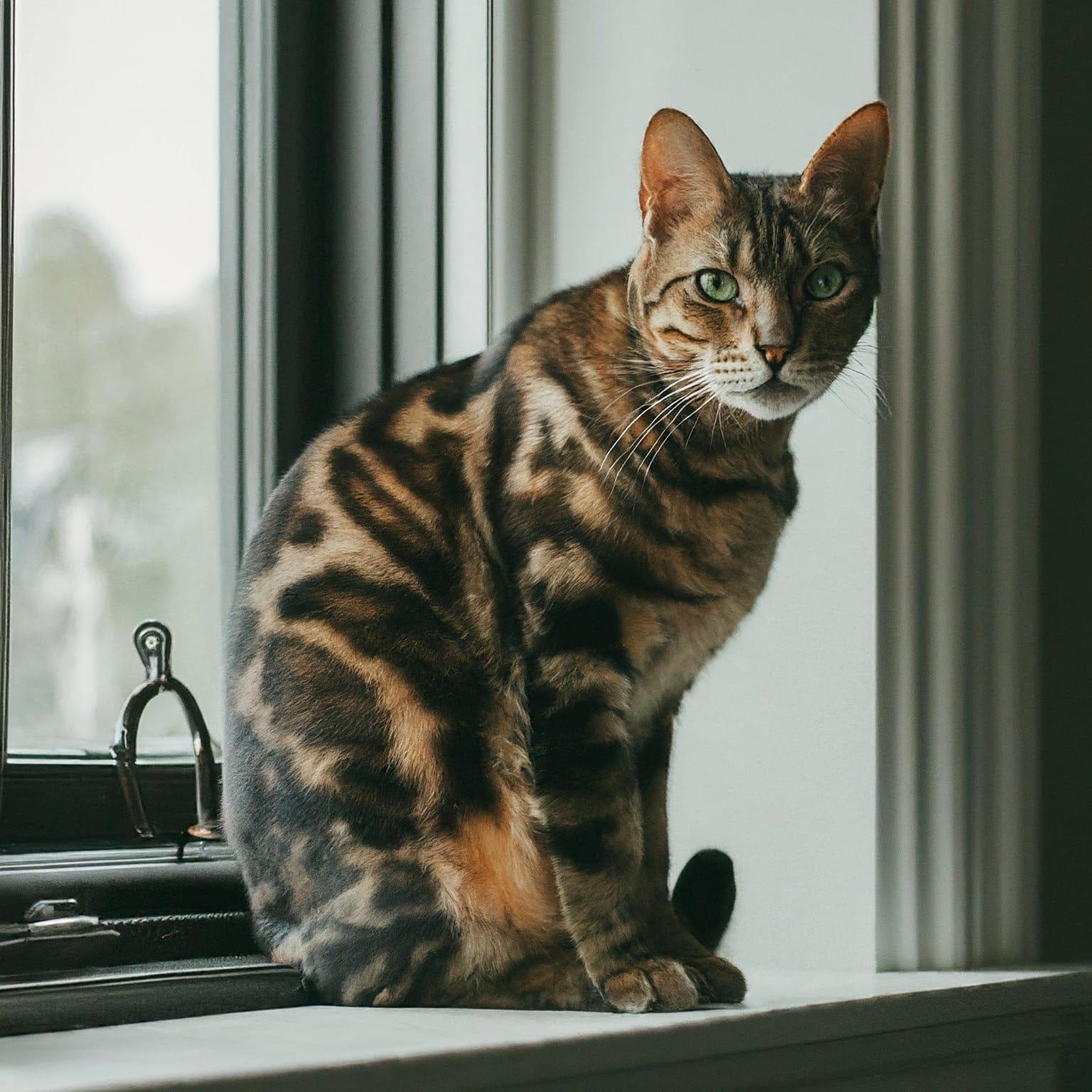 A realistic image of a Bengal cat with characteristic spotted fur in oranges and browns sitting on its haunches on a window sill sitting in front of a blurred window.