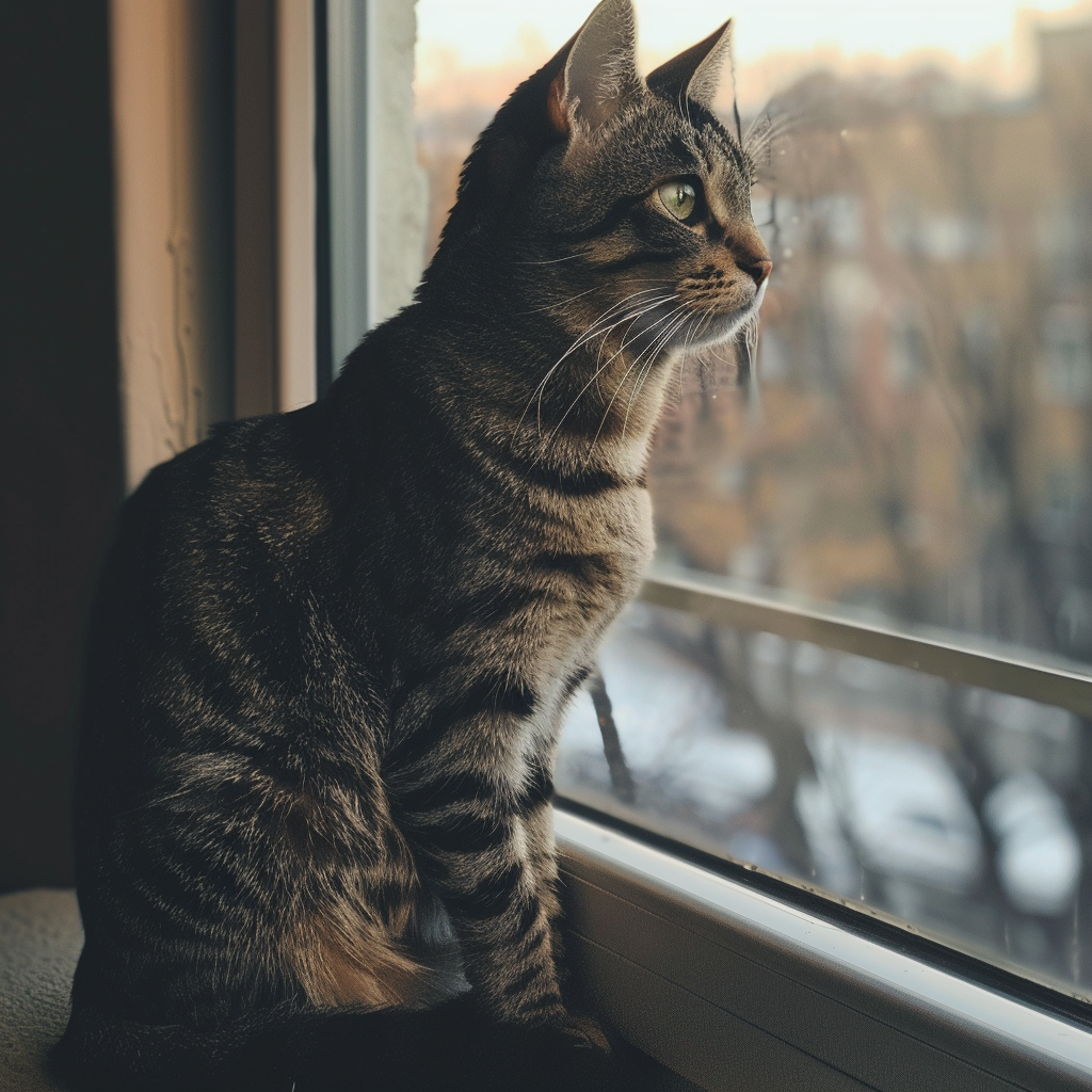 A tabby cat sitting on a window sill looking out the window.
