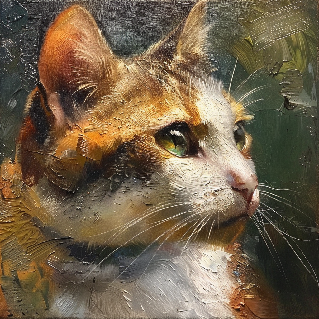 An image that looks like an oil painting of the head of a domestic shorthair cat with orange and cream fur against a dark green background.