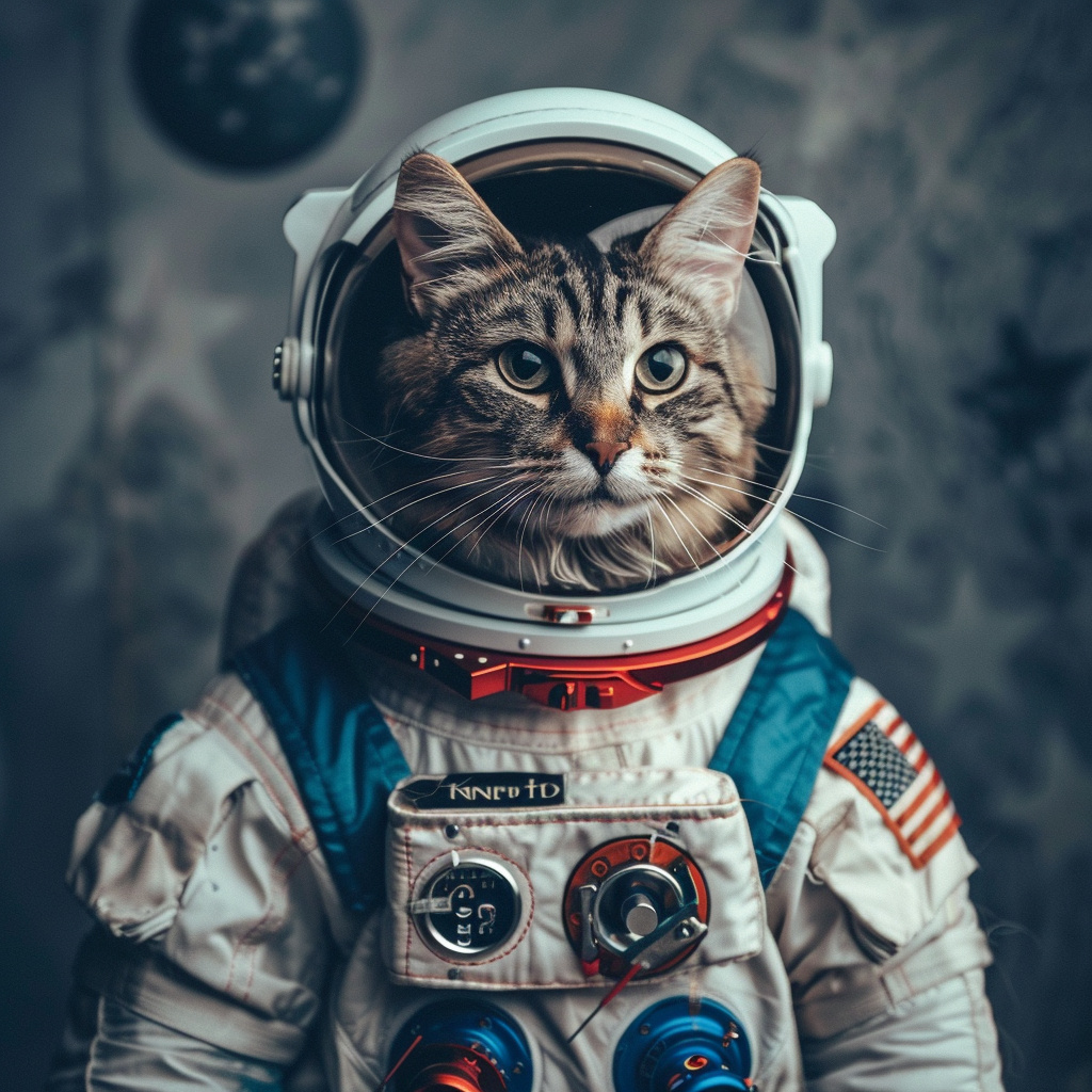 An image that looks like an photo of a light and dark grey, orange and white domestic shorthair cat in a space suit and helmet generated reminiscent of astronaut headshots NASA releases.