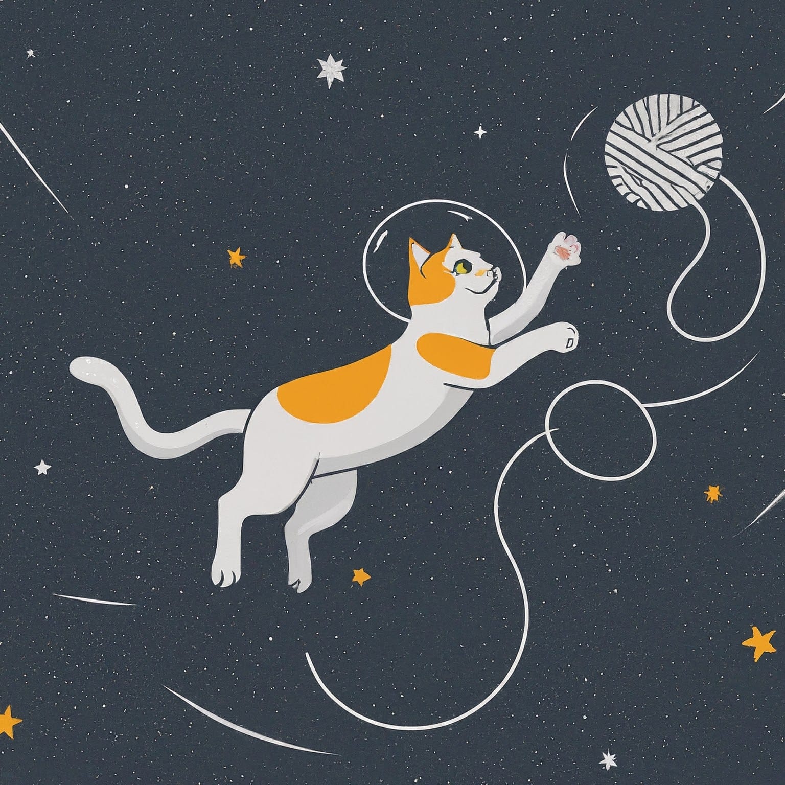 An image that looks like an illustration of a white and orange shorthair cat in a helmet floating through space chasing a ball of white yarn surrounded by orange and white stars.
