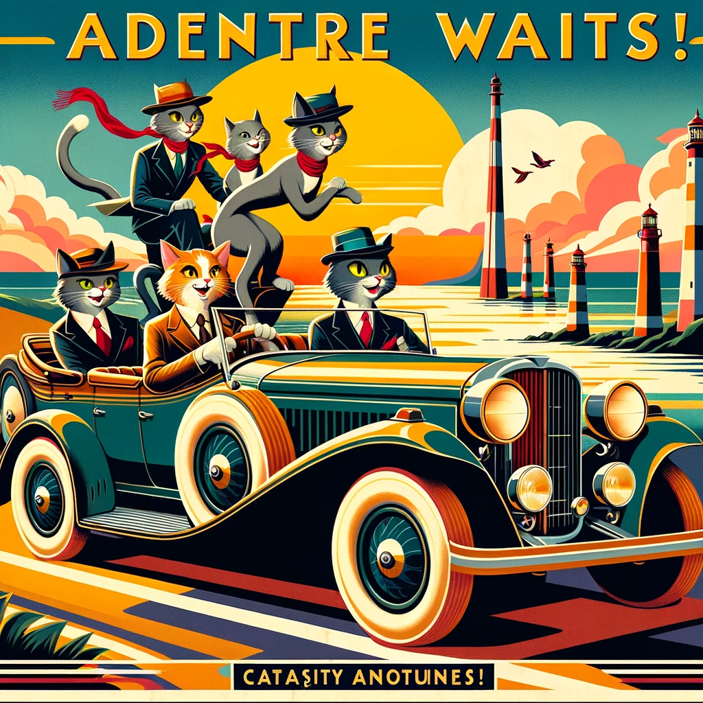 An image that looks like a 1930s illustrated travel poster showing grey cats, some of which are wearing suits, neckties, scarves and hats, in a vintage heritage green car with the roof down and a number of lighthouses. In the background a large setting sun sets between clouds and over the ocean with multiple red and white lighthouses standing along the shore.