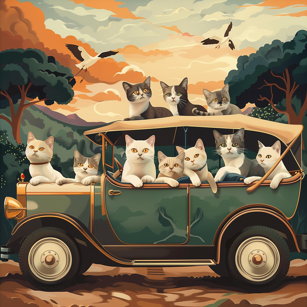 An image that looks like a 1930s illustrated travel poster showing cats in a heritage green vintage car with a soft top and seagulls and trees in the background.