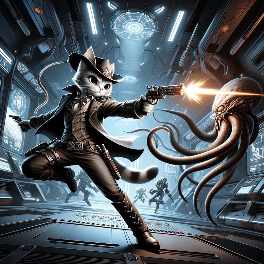 An image that looks like digital art showing a humanoid gun wielding white cat wearing a hat flighting off tentacled aliens in a spaceship.