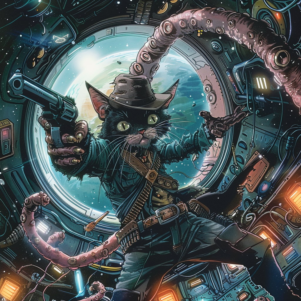 An image that looks like comic book panel showing a humanoid gun wielding black cat wearing a hat flighting off tentacled aliens in a spaceship.