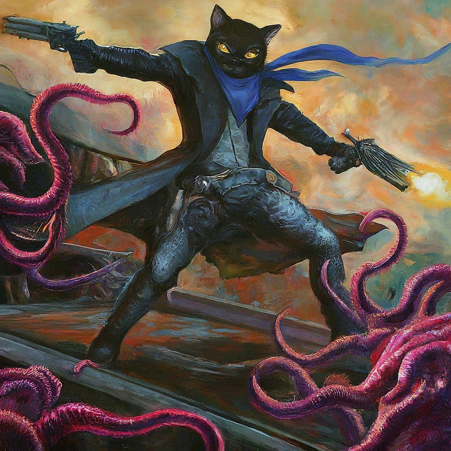 An image that looks like a painting showing a humanoid gun wielding black cat wearing a long blue scarf flighting off tentacled aliens.