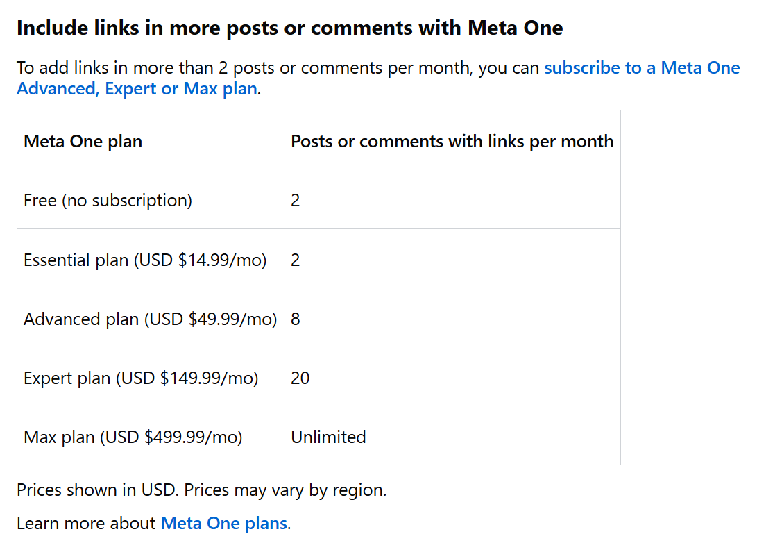 A screenshot of a table showing Meta One plan tiers and the number of links per month the tier is entitled to. It shows five tiers called Free, Essential, Advanced, Expert and Max. Users in the Free and Essential tiers can post a maximum of 2 links per month. Advanced can post up to 8. Expert can post up to 20. There is no limit to the number of links a Max tier subscriber can post.