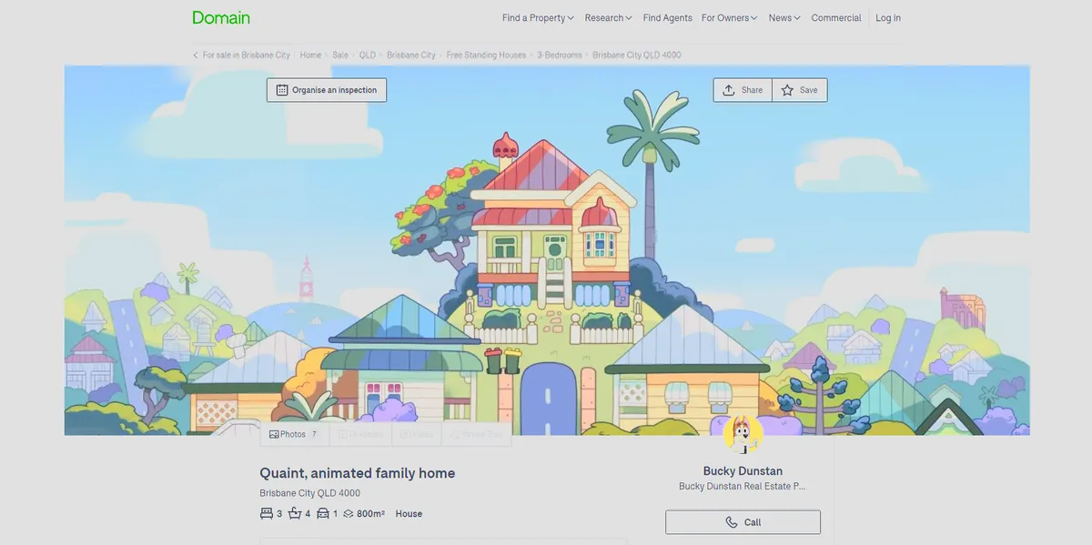 A cartoon image of a Queenslander house with a verandah and white picket fence on a hill.