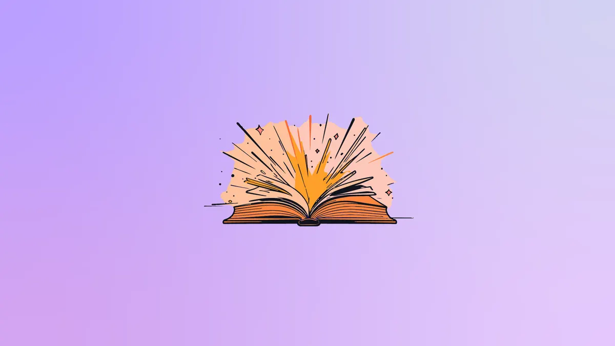An orange book exploding on a gradient background in purples.
