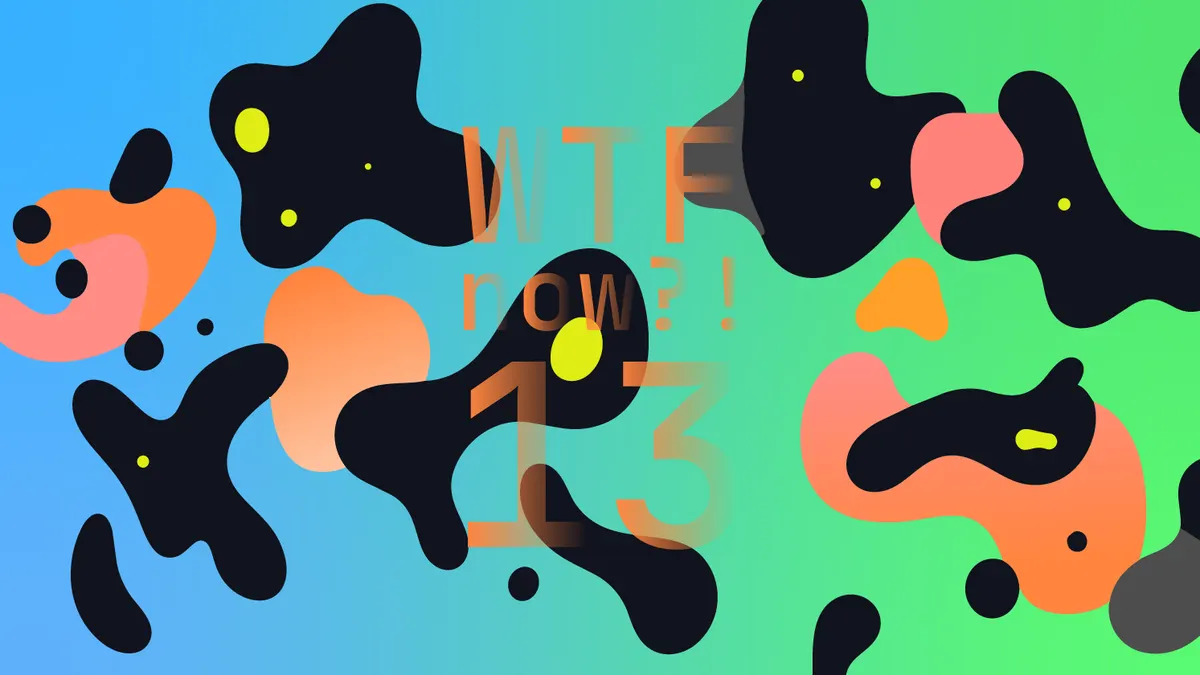 A colourful graphic with numerous dark and orange and pink blobs on a gradient background in blues and greens.