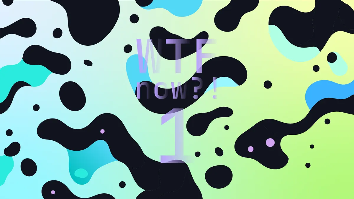 A colourful graphic with numerous dark and blue blobs on a gradient background in purples, blues and greens.