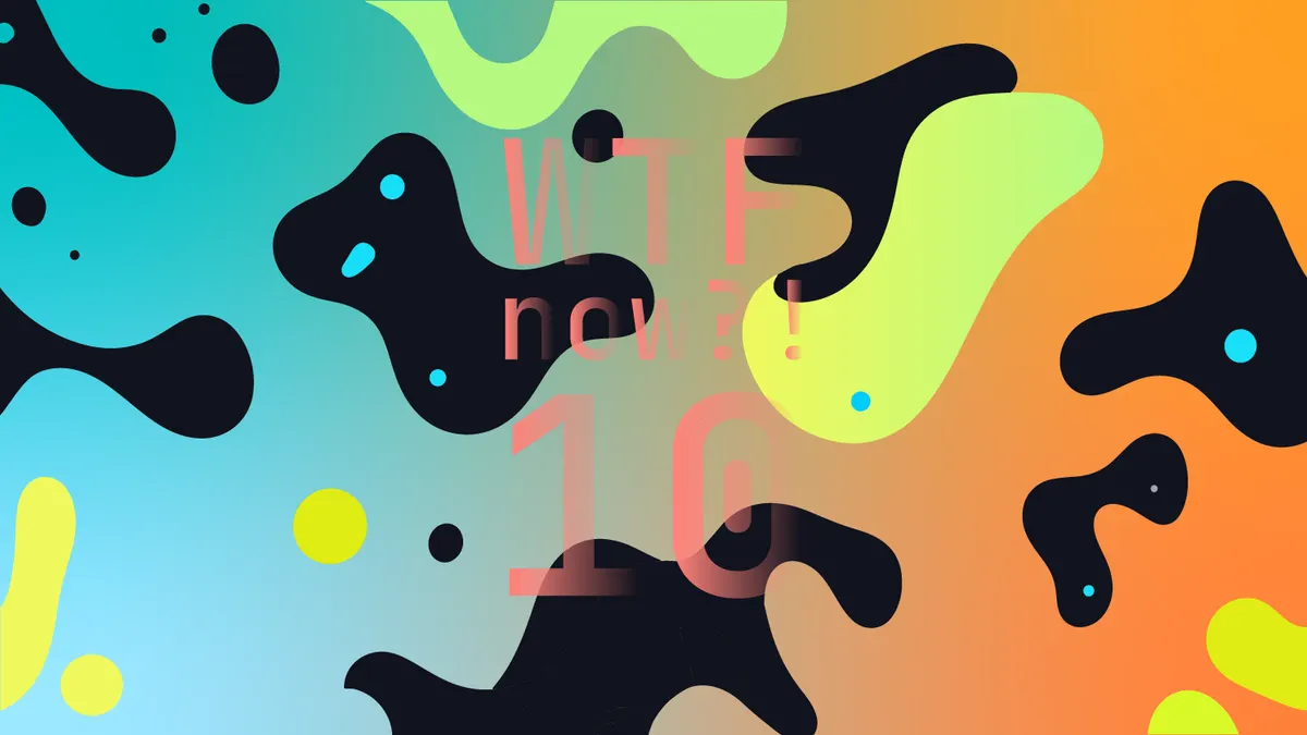 A colourful graphic with numerous green blobs on a gradient background in blues and oranges.