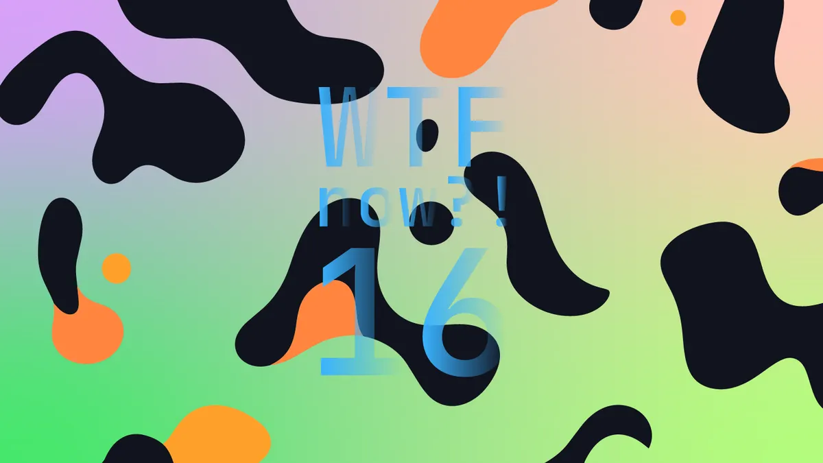 A colourful graphic with numerous dark and orange blobs on a gradient background in purples, pinks and green.