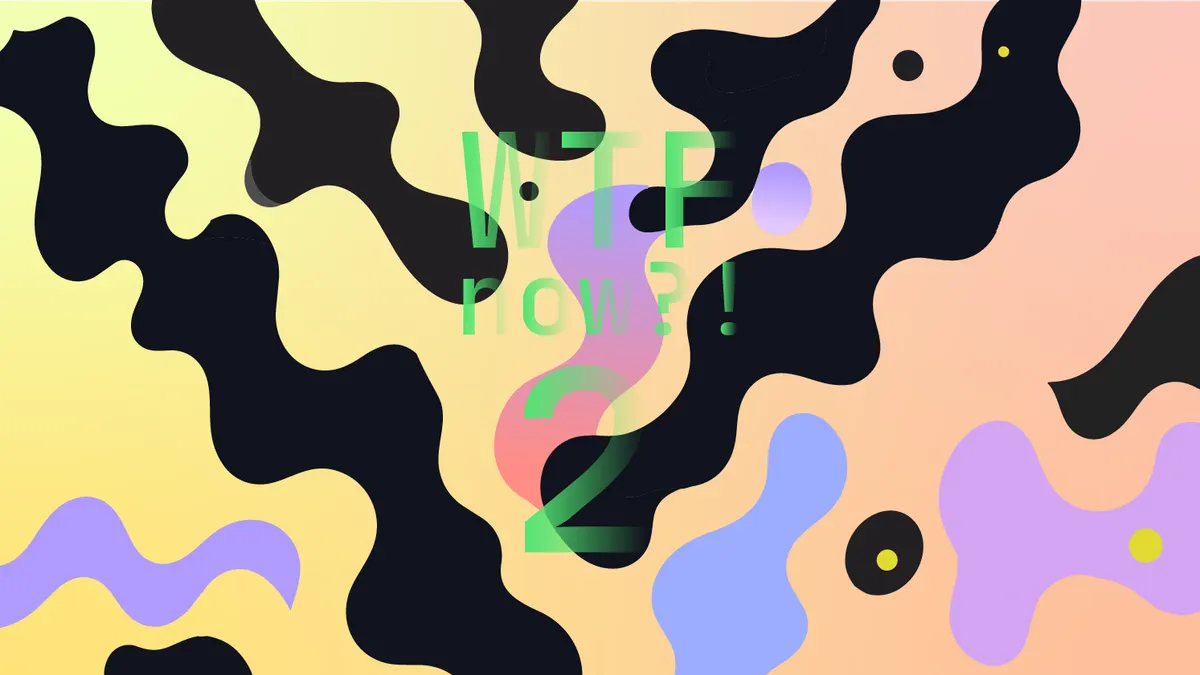 A colourful graphic with numerous dark and purple blobs on a gradient background in yellows and oranges.