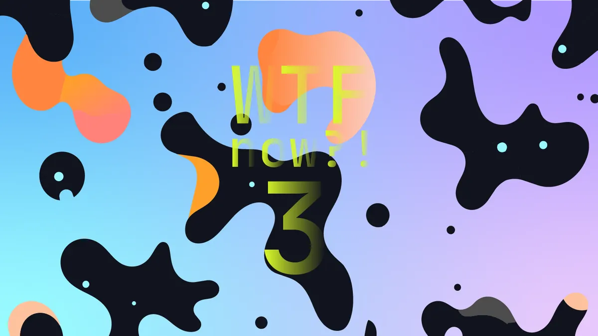 A colourful graphic with numerous dark and orange blobs on a gradient background in blues and purples.