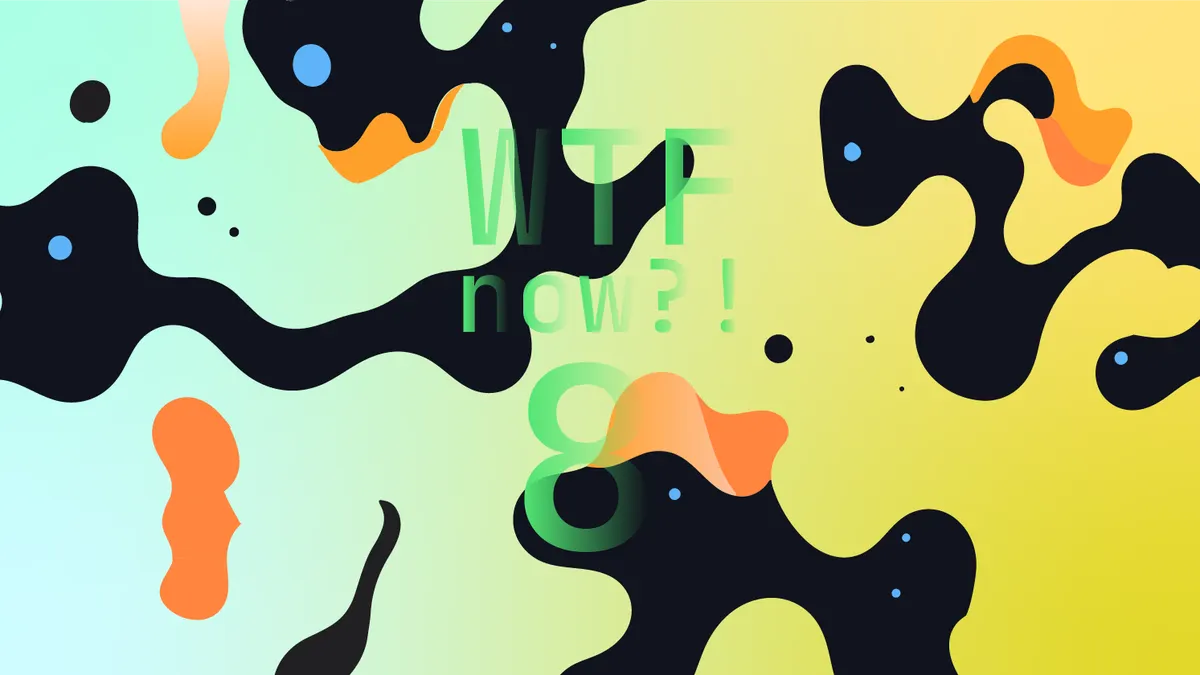 A colourful graphic with numerous orange blobs on a gradient background in light blues and yellows.