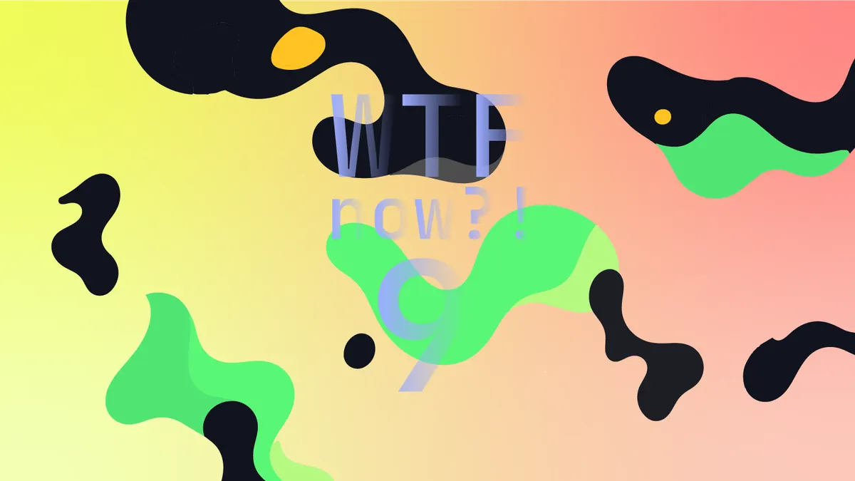 A colourful graphic with numerous green blobs on a gradient background in greens and pinks.