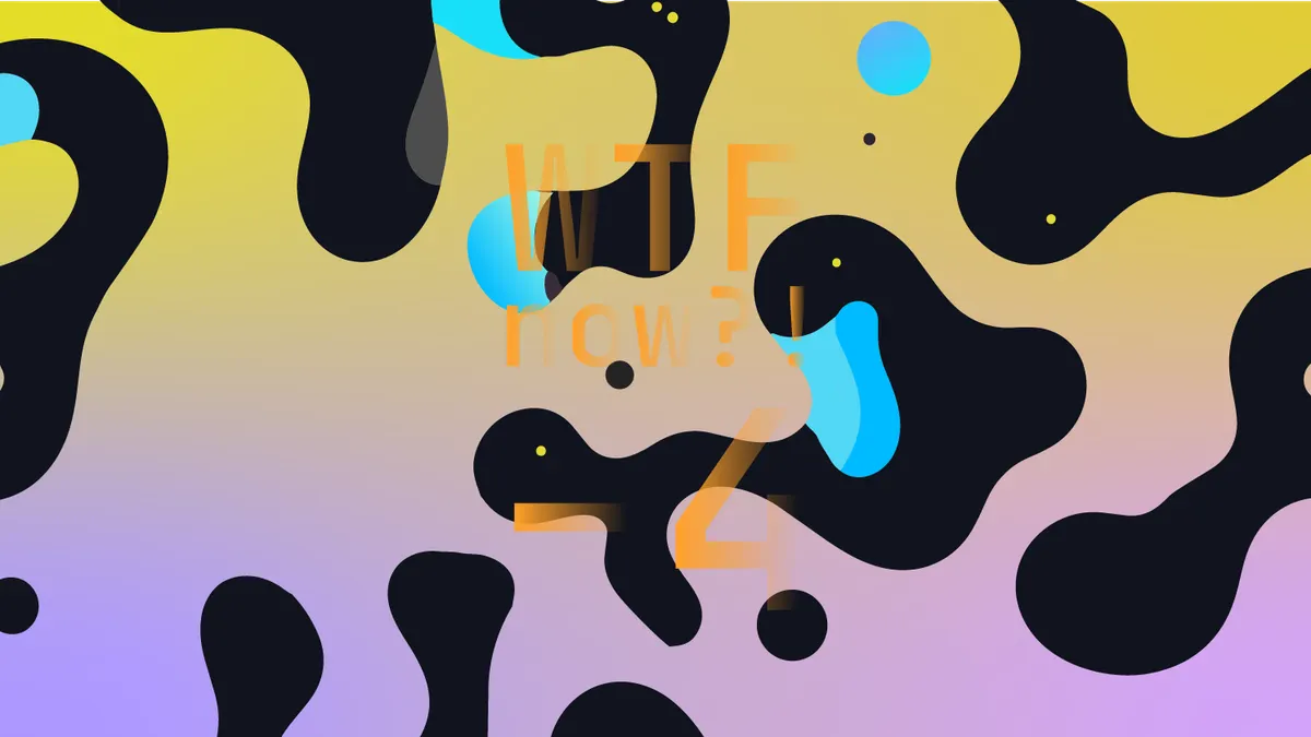 A colourful graphic with numerous dark and blue blobs on a gradient background in yellows and purples.
