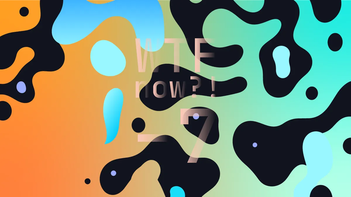 A colourful graphic with numerous dark and blue blobs on a gradient background in oranges and blues.